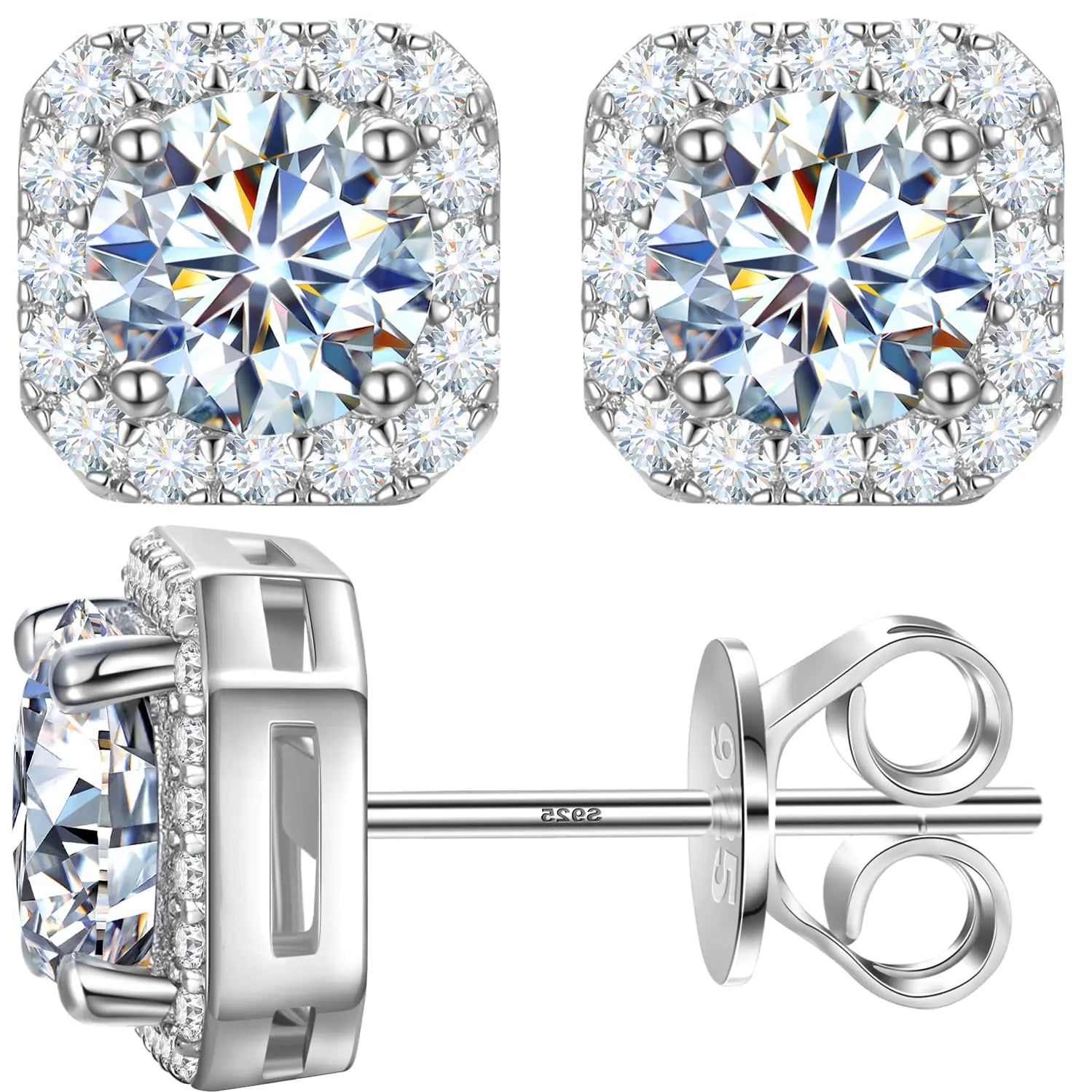 Moissanite Earrings For Women 0.38-2.0CT 18k Gold Plated Moissanite Stud Earrings Square Halo Moissanite Earrings 925 Sterling Silver Hypoallergenic Earrings for Women Men D Color VVS1 Clarity