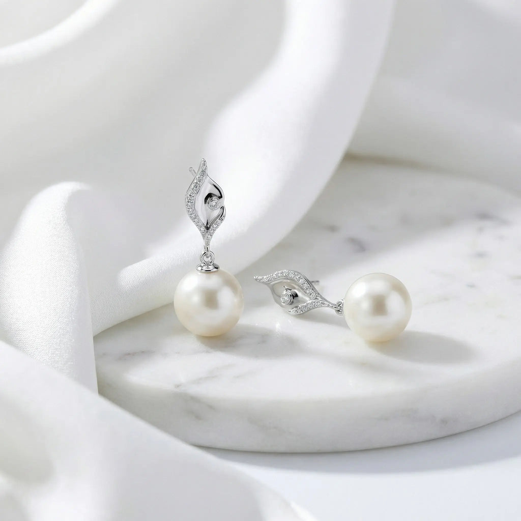 925 Sterling Silver Elegant White Pearl Drop Earrings with CZ Accents and Fluid Silver-Toned Settings