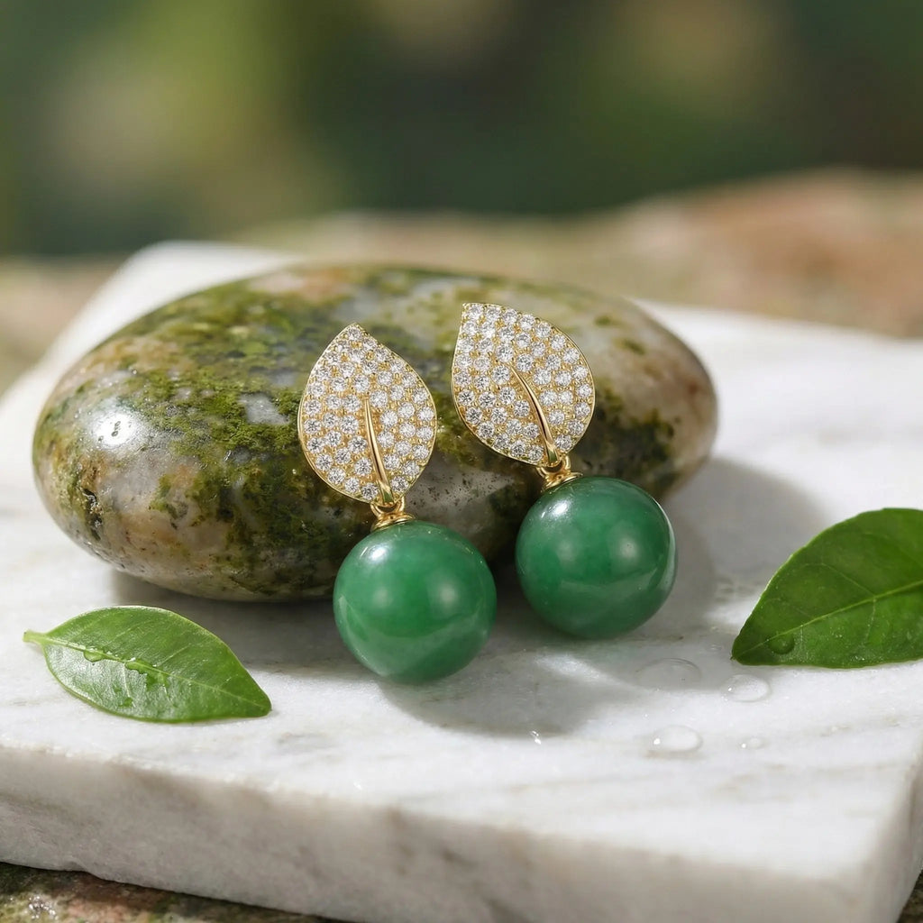 925 Sterling Silver Elegant Nature-Inspired Leaf Pave Accents and Green Jade Spherical Drop Earrings NP Collection