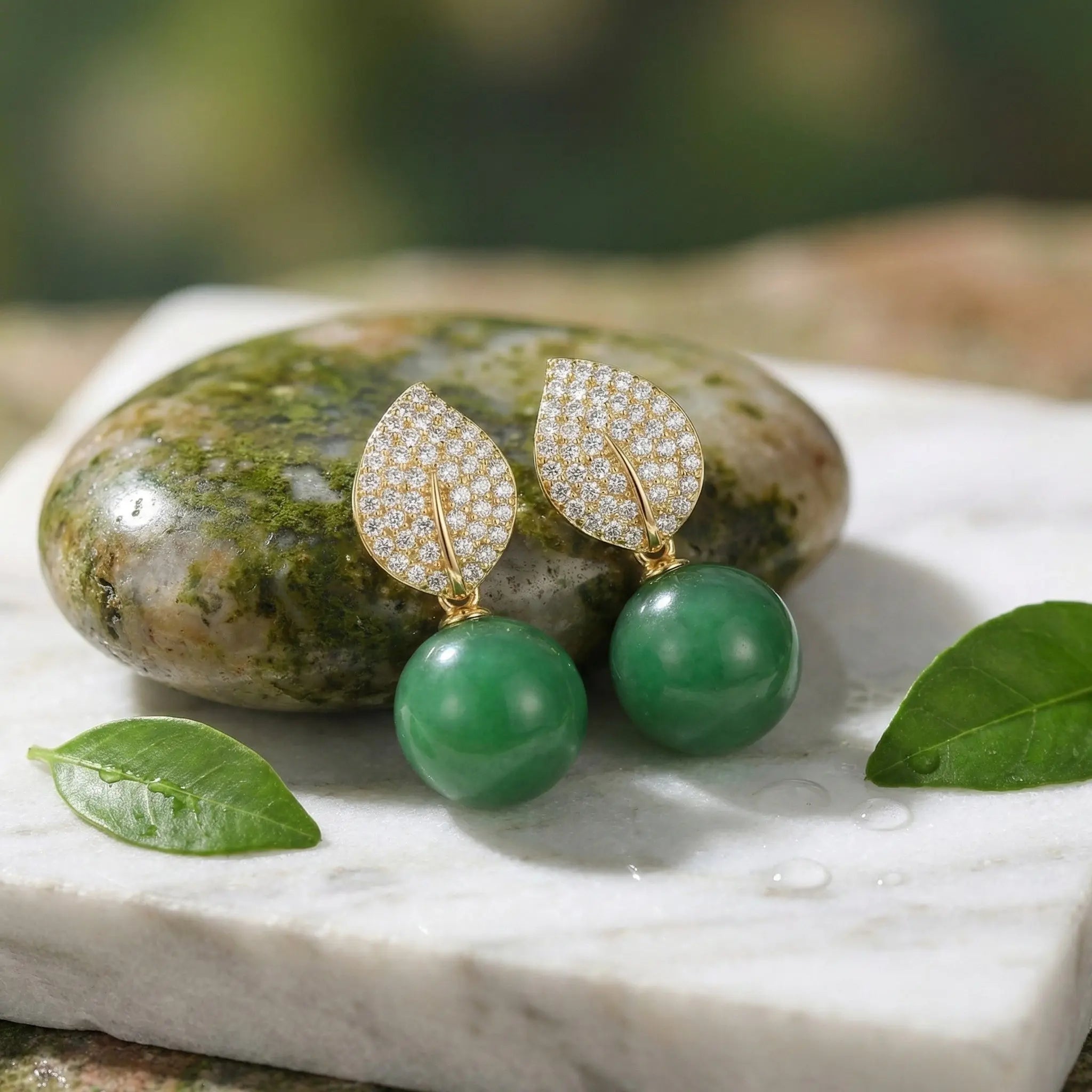 925 Sterling Silver Elegant Nature-Inspired Leaf Pave Accents and Green Jade Spherical Drop Earrings NP Collection