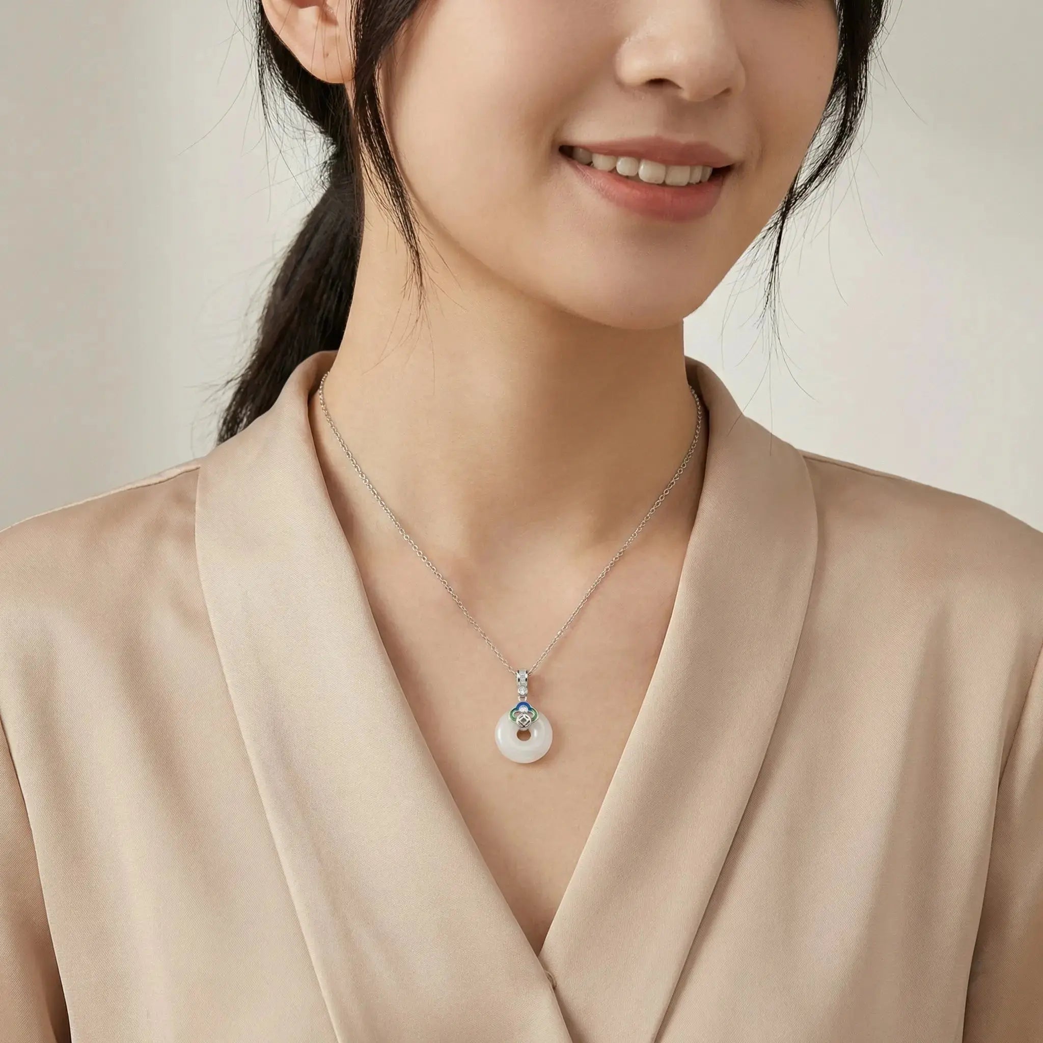 925 Sterling Silver Elegant White Jade Ping An Kou Pendant Necklace with Colorful Enamel and Zircon Detailing NP Collection