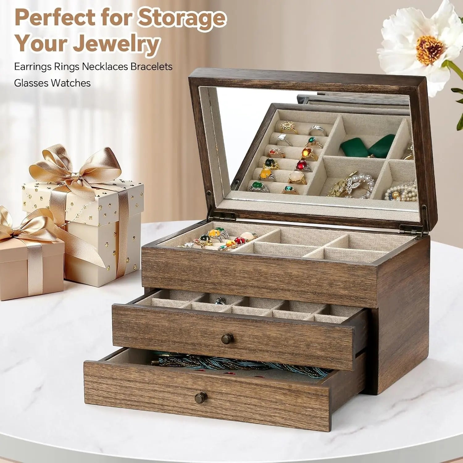 3 Layer Large Jewelry Storage Case, Rustic Wooden 