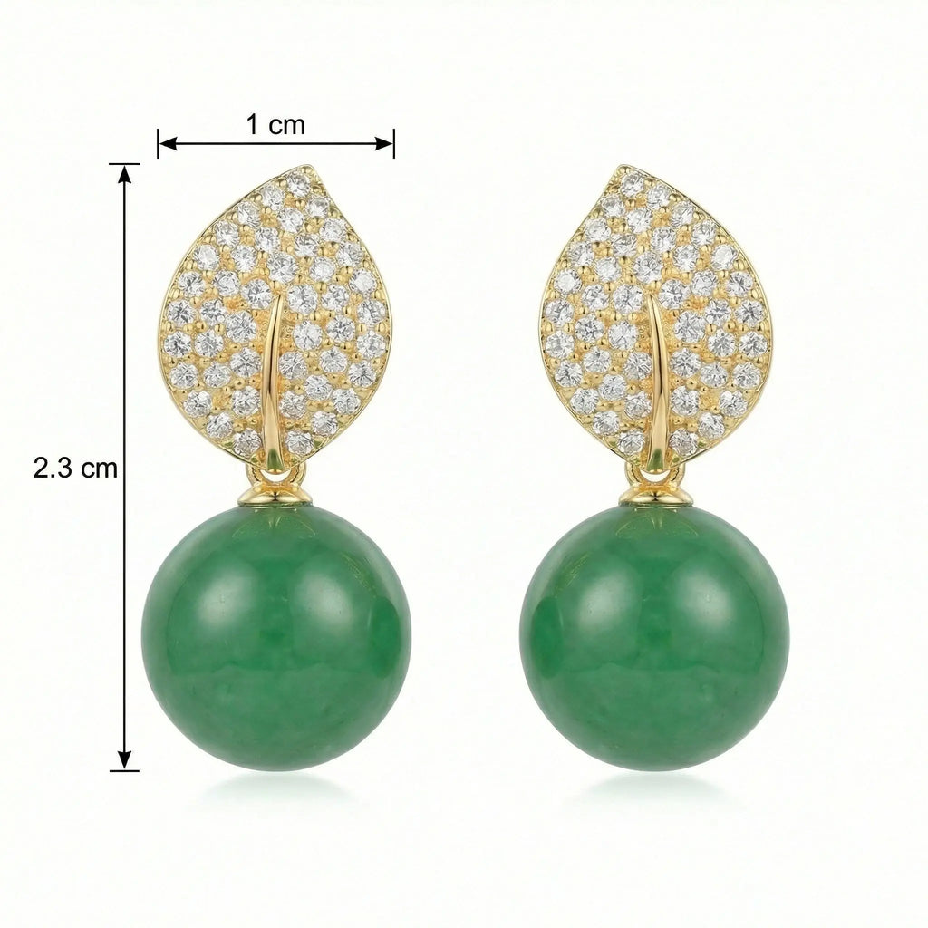 925 Sterling Silver Elegant Nature-Inspired Leaf Pave Accents and Green Jade Spherical Drop Earrings NP Collection