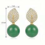 925 Sterling Silver Elegant Nature-Inspired Leaf Pave Accents and Green Jade Spherical Drop Earrings NP Collection