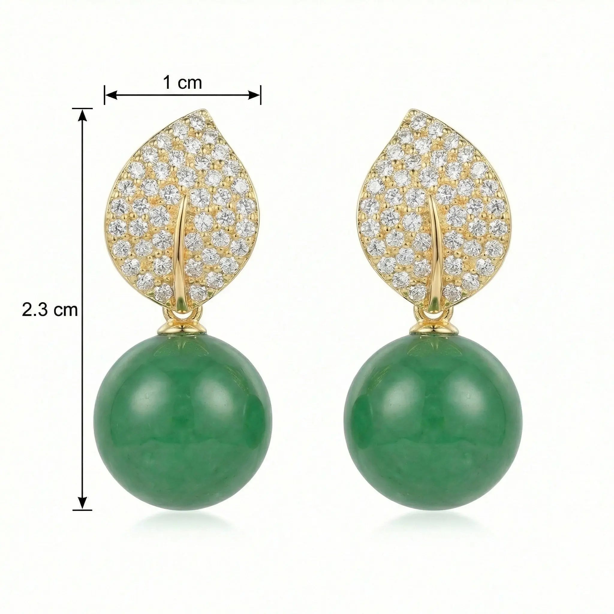 925 Sterling Silver Elegant Nature-Inspired Leaf Pave Accents and Green Jade Spherical Drop Earrings NP Collection