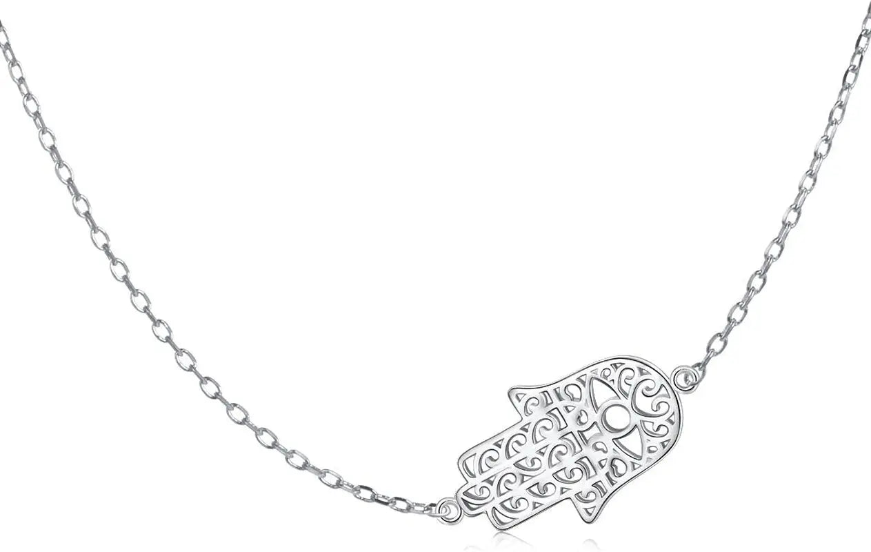 S925 Sterling Silver Jewelry Sideways Hamsa Hand Choker Necklace 14+4"