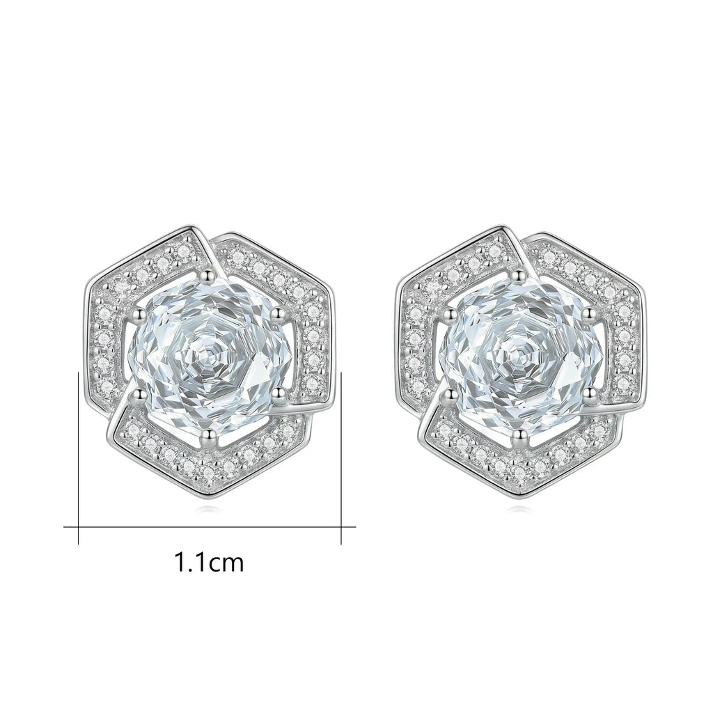 925 Sterling Silver Elegant Geometric Hexagon Stud Earrings with Round-Cut Center Stone and Pavé Halo