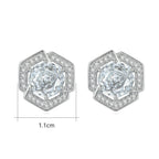 925 Sterling Silver Elegant Geometric Hexagon Stud Earrings with Round-Cut Center Stone and Pavé Halo