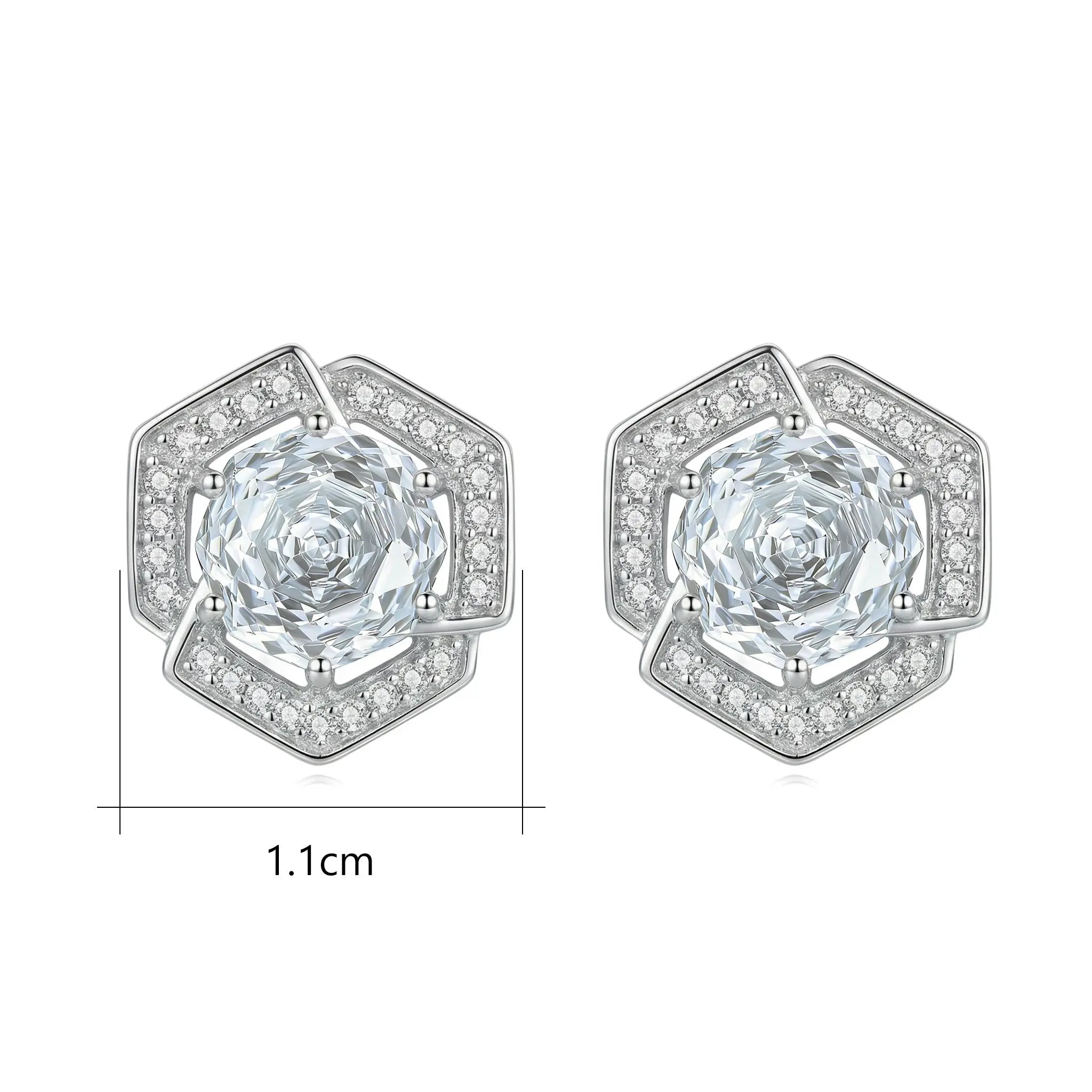 925 Sterling Silver Elegant Geometric Hexagon Stud Earrings with Round-Cut Center Stone and Pavé Halo