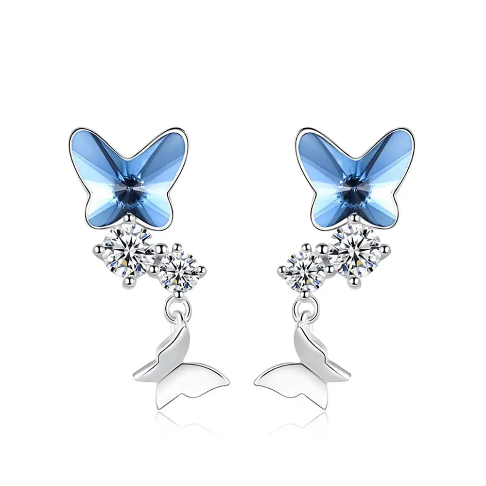 Butterfly Drop Earrings Blue Crystal Sterling Silver