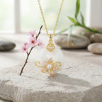 925 Sterling Silver Elegant White Jadeite Peace Buckle Necklace with Pink Enamel Flower and Lustrous Pearl NP Collection