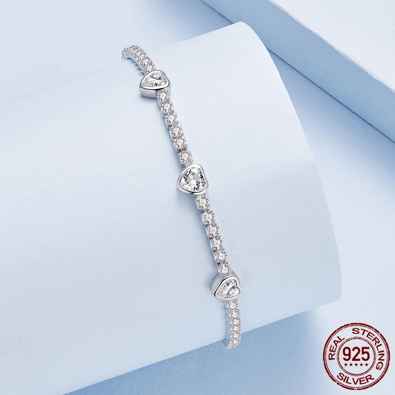 S925 Loving Heart In Sterling Silver Shining Zircon Bracelet