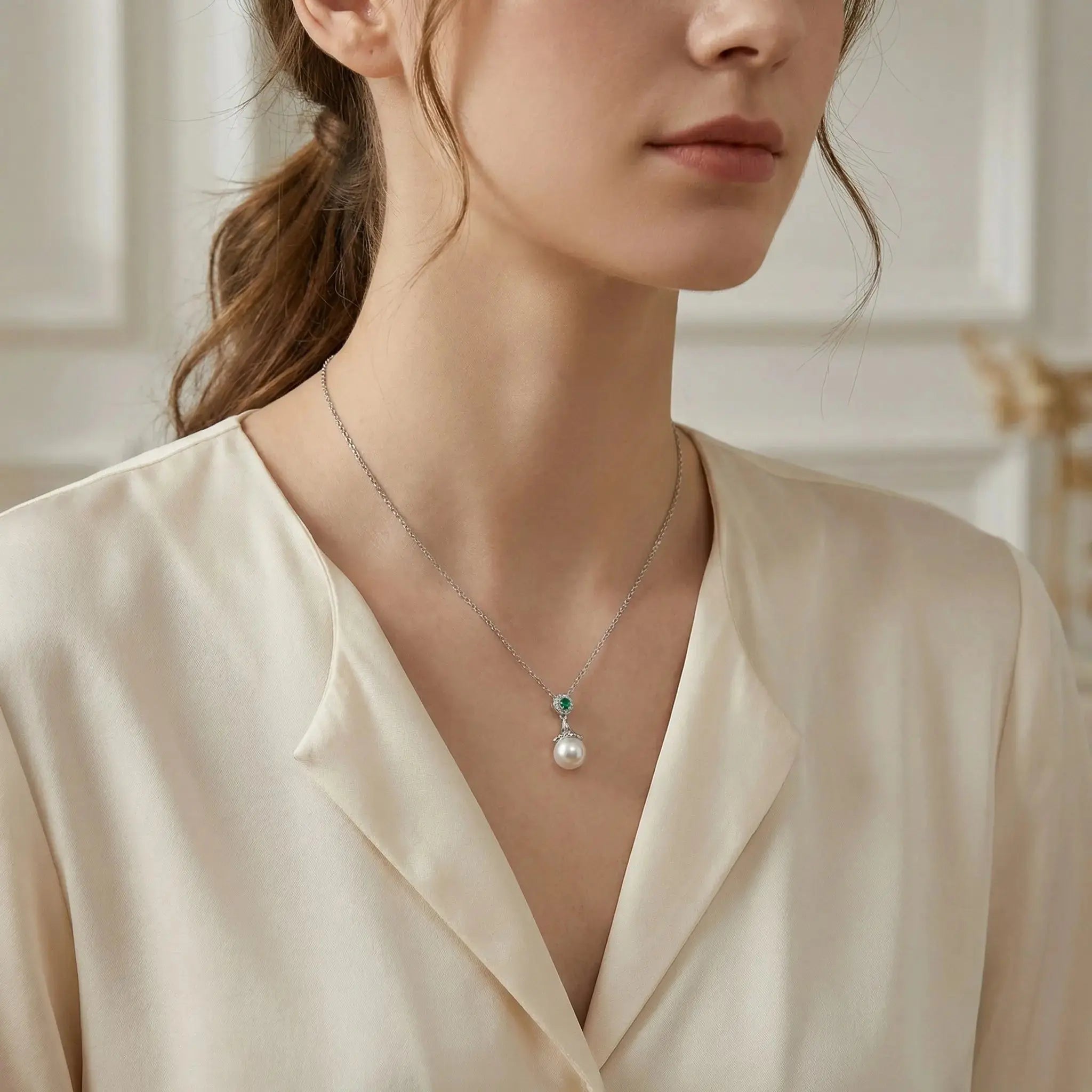 925 Sterling Silver Elegant White Pearl and Emerald Pendant Necklace with Sparkling Diamond Accents NP Collection