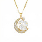 925 Sterling Silver Whimsical Mother of Pearl Rabbit Resting on Sparkling Crescent Moon Pendant Necklace NP Collection