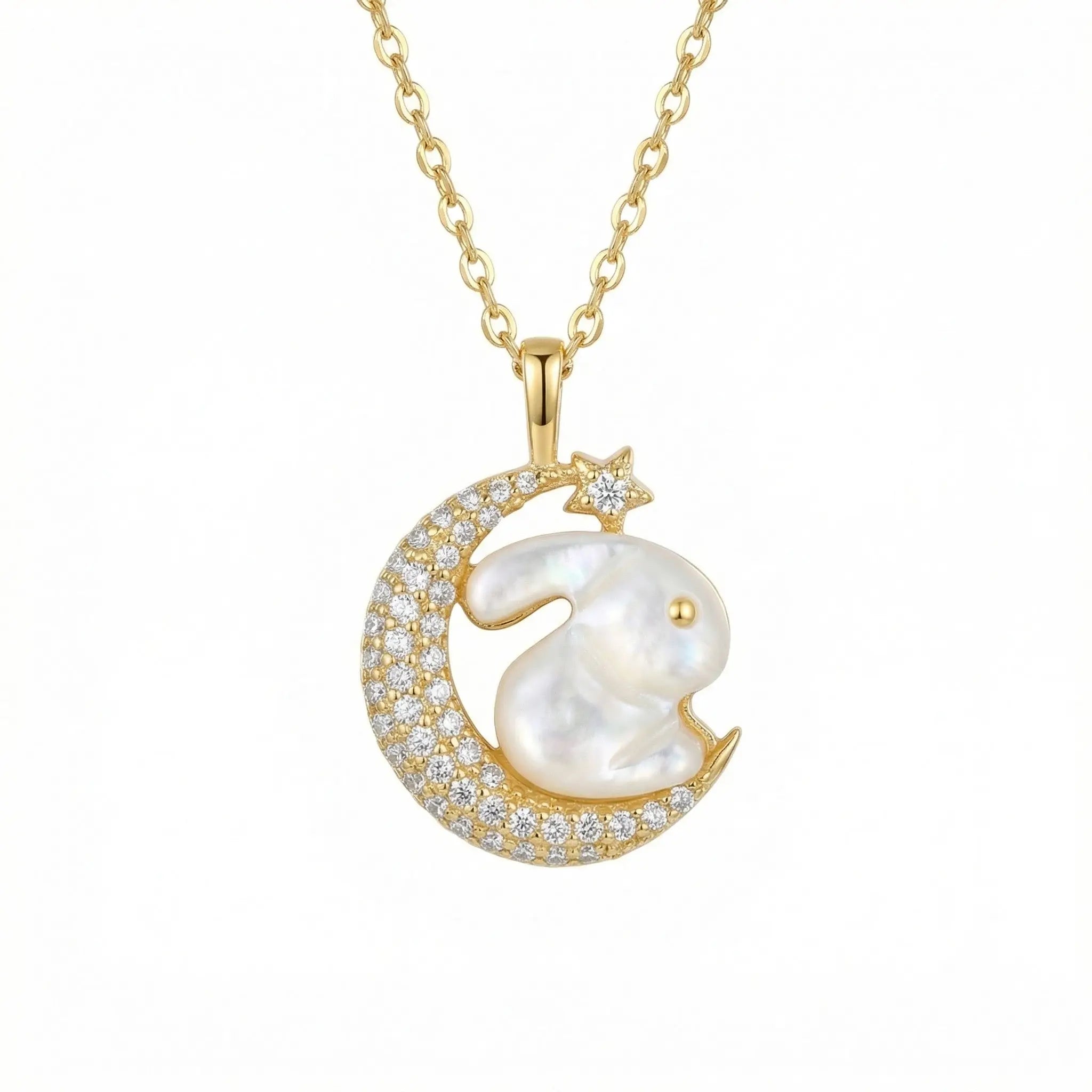 925 Sterling Silver Whimsical Mother of Pearl Rabbit Resting on Sparkling Crescent Moon Pendant Necklace NP Collection