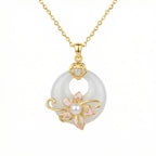 925 Sterling Silver Elegant White Jadeite Peace Buckle Necklace with Pink Enamel Flower and Lustrous Pearl NP Collection