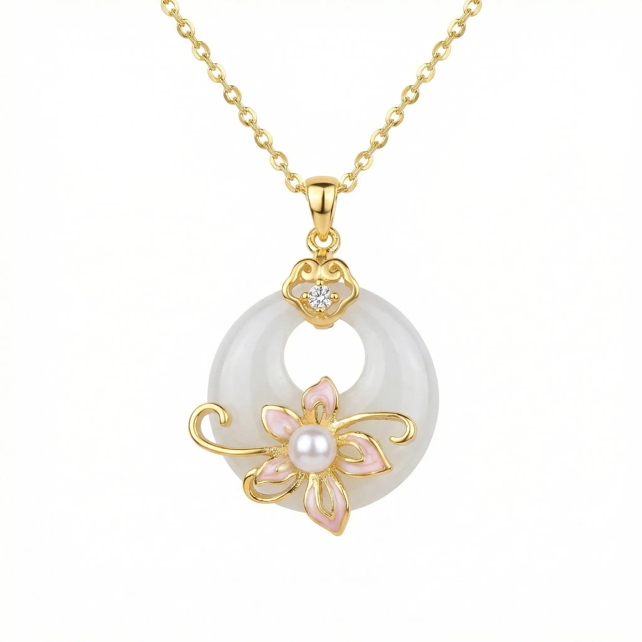 925 Sterling Silver Elegant White Jadeite Peace Buckle Necklace with Pink Enamel Flower and Lustrous Pearl NP Collection