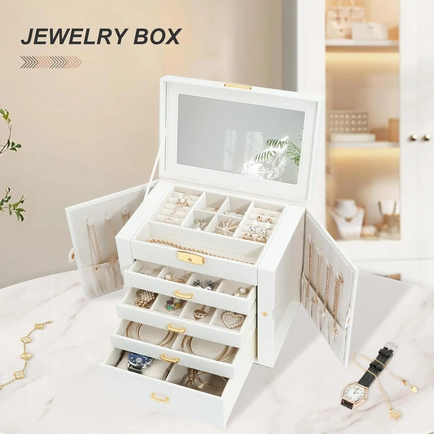 Large Jewelry Boxe 5 Layers 4 Drawers Jewelry Box with Handle 