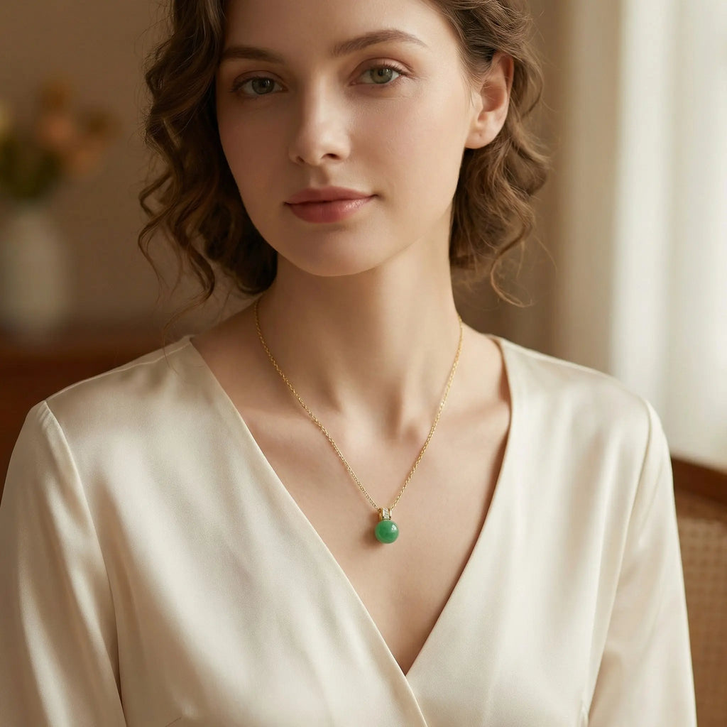 925 Sterling Silver Elegant Green Jadeite Sphere Pendant Necklace Featuring Brilliant Square Accents on a Fine Link Chain NP Collection