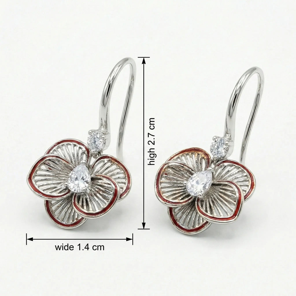 925 Sterling Silver Elegant Floral Filigree Earrings with Pear-Cut Gemstones and Red Enamel Trim
