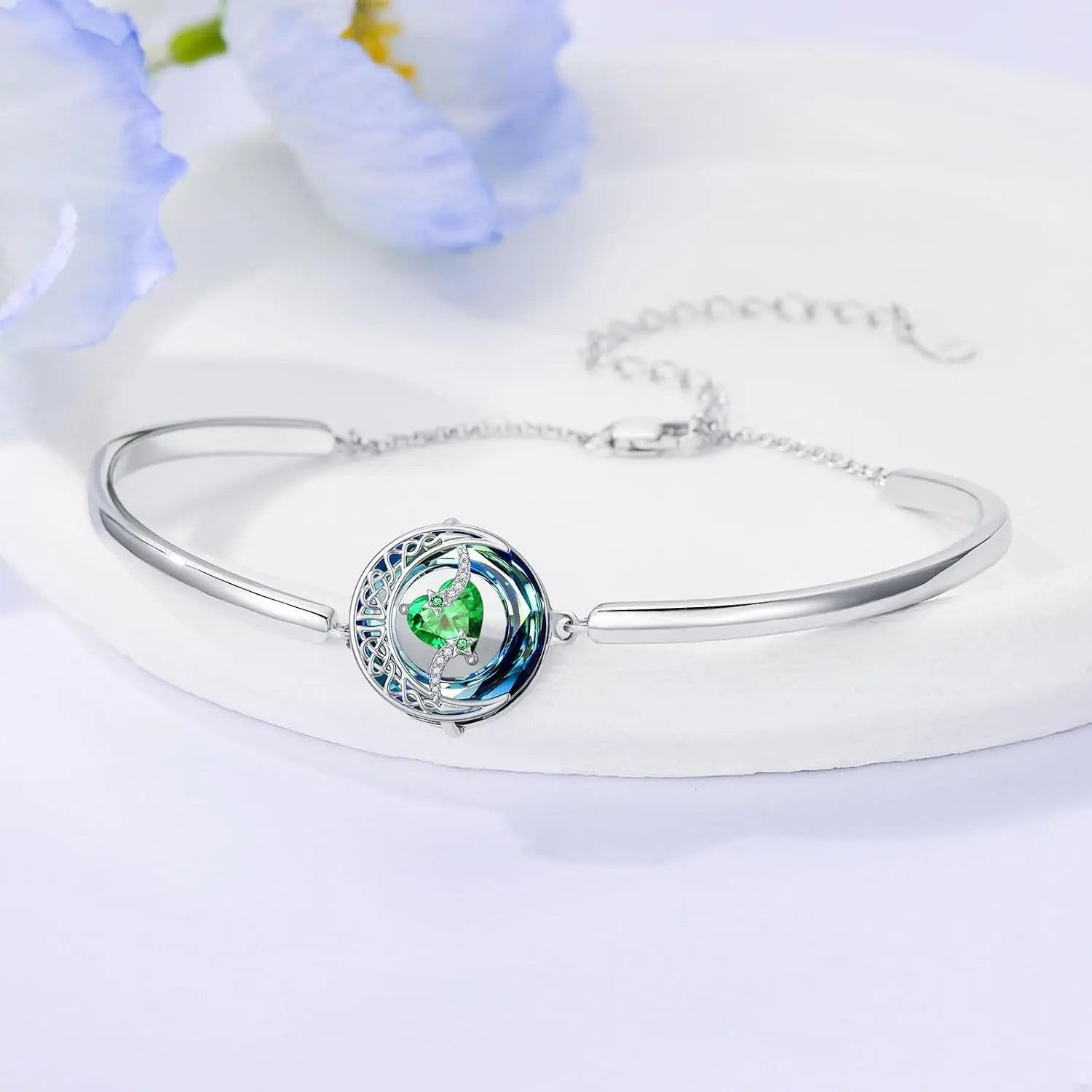 Sterling Silver Birthstone Bracelet with Austrian Crystal - Moon and Star
