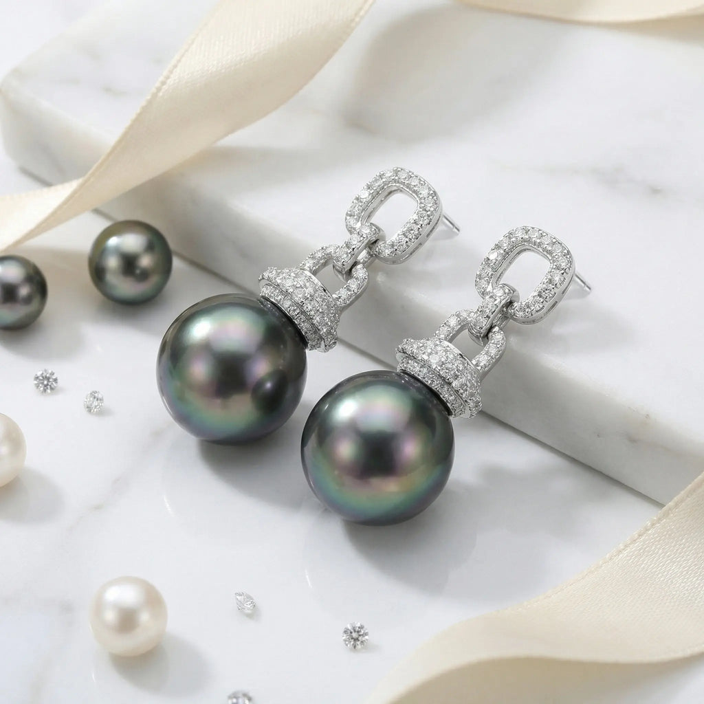 925 Sterling Silver Elegant Tahitian Black Pearl and CZ Geometric Link Drop Earrings
