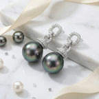 925 Sterling Silver Elegant Tahitian Black Pearl and CZ Geometric Link Drop Earrings