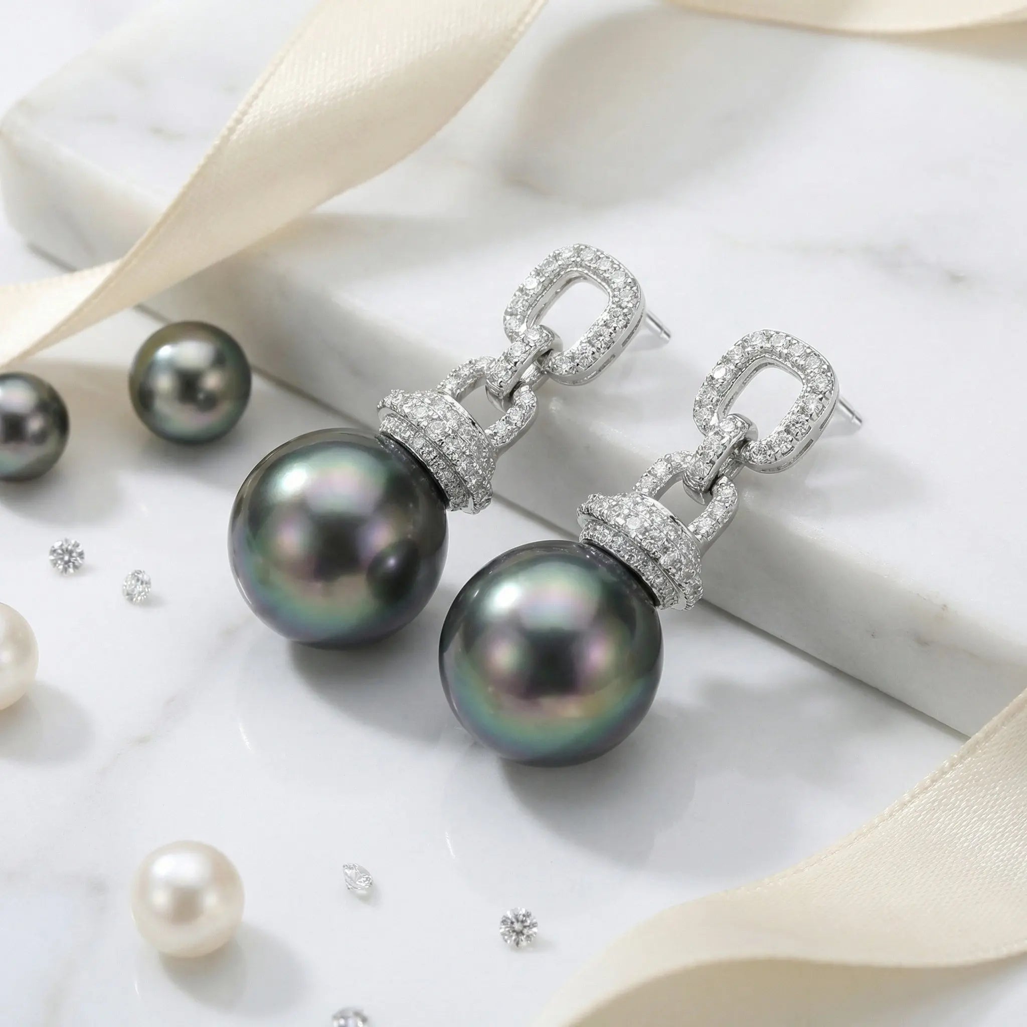 925 Sterling Silver Elegant Tahitian Black Pearl and CZ Geometric Link Drop Earrings