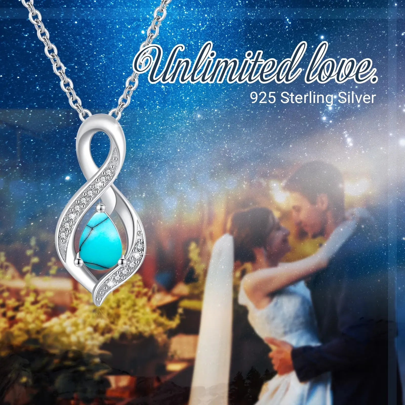 Turquoise Pendant Necklace 925 Sterling Silver 18K White Gold Plated 