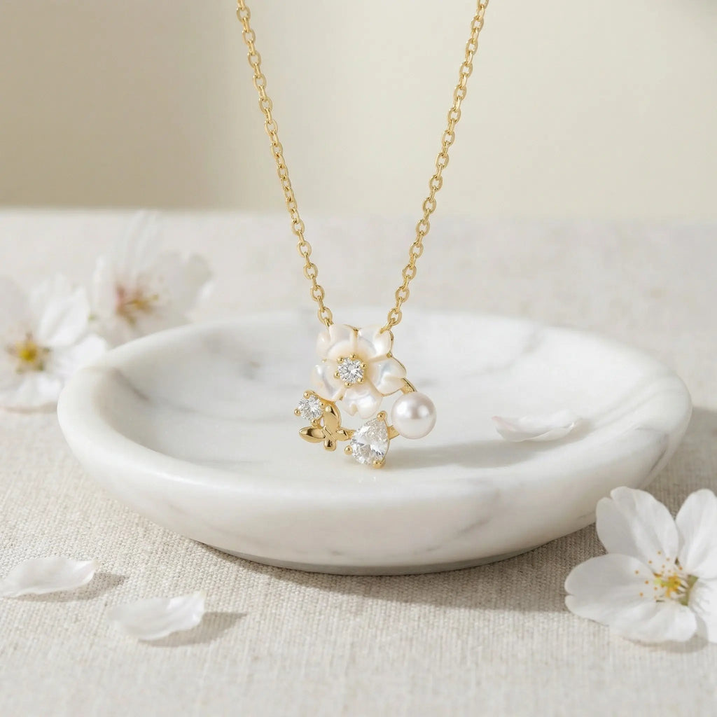 925 Sterling Silver Elegant Mother of Pearl Flower Pendant Necklace with Pearl and Butterfly Charm NP Collection