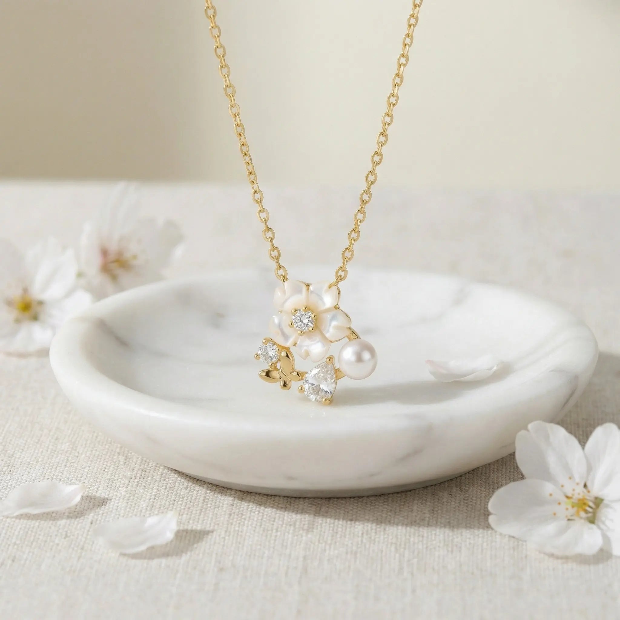 925 Sterling Silver Elegant Mother of Pearl Flower Pendant Necklace with Pearl and Butterfly Charm NP Collection