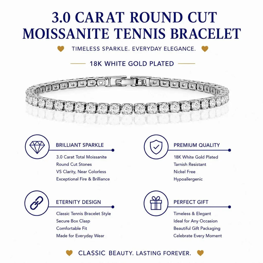 3 Carat round Cut Moissanite Tennis Bracelet 