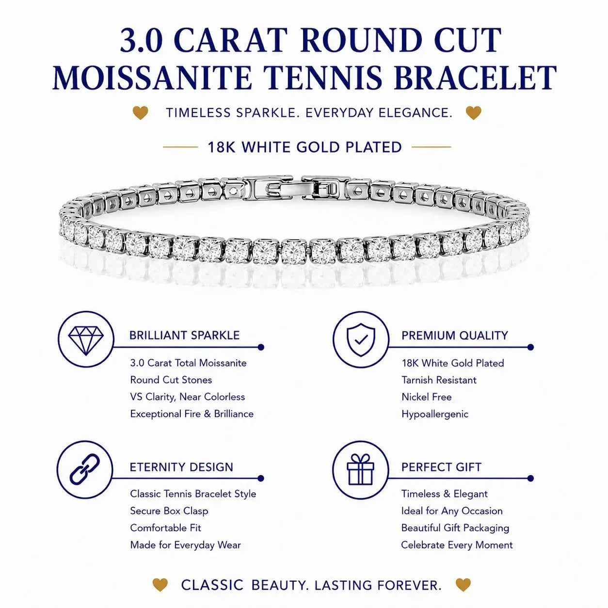 3 Carat round Cut Moissanite Tennis Bracelet 