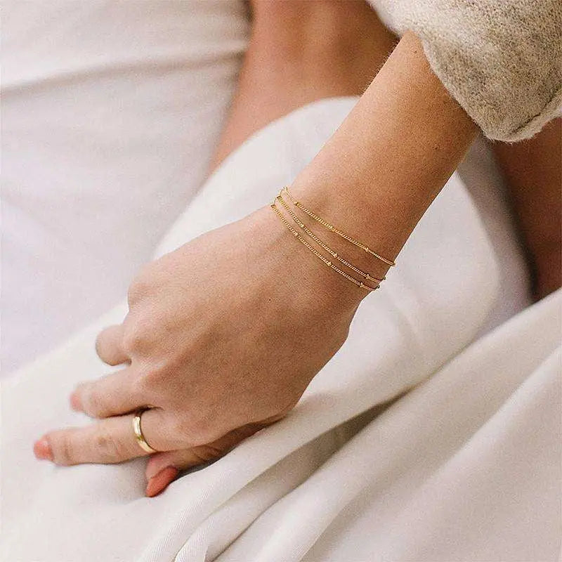 Dainty Gold Bracelets For Women, 14K Gold Filled Adjustable Layered Bracelet Cute Oval Chain Bar Gold Bracelet