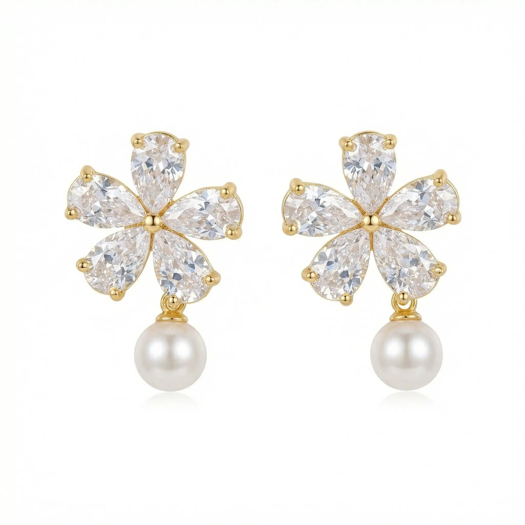 925 Sterling Silver Shimmering Crystal Flower and Pearl Dangle Earrings for Elegant Occasions