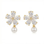 925 Sterling Silver Shimmering Crystal Flower and Pearl Dangle Earrings for Elegant Occasions