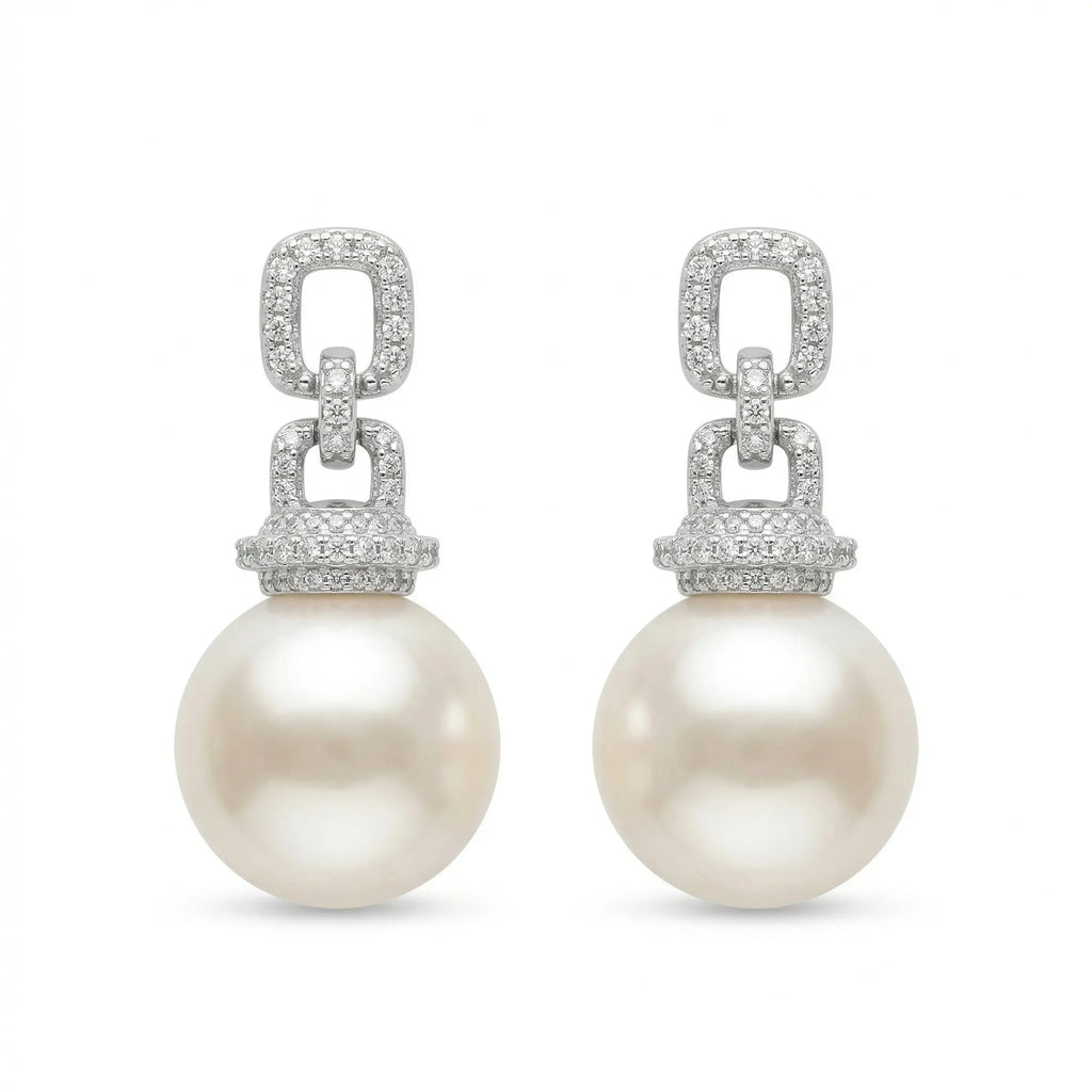 925 Sterling Silver Elegant White Pearl Drop Earrings with Pave Diamond Geometric Links NP Collection