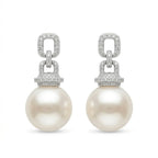 925 Sterling Silver Elegant White Pearl Drop Earrings with Pave Diamond Geometric Links NP Collection