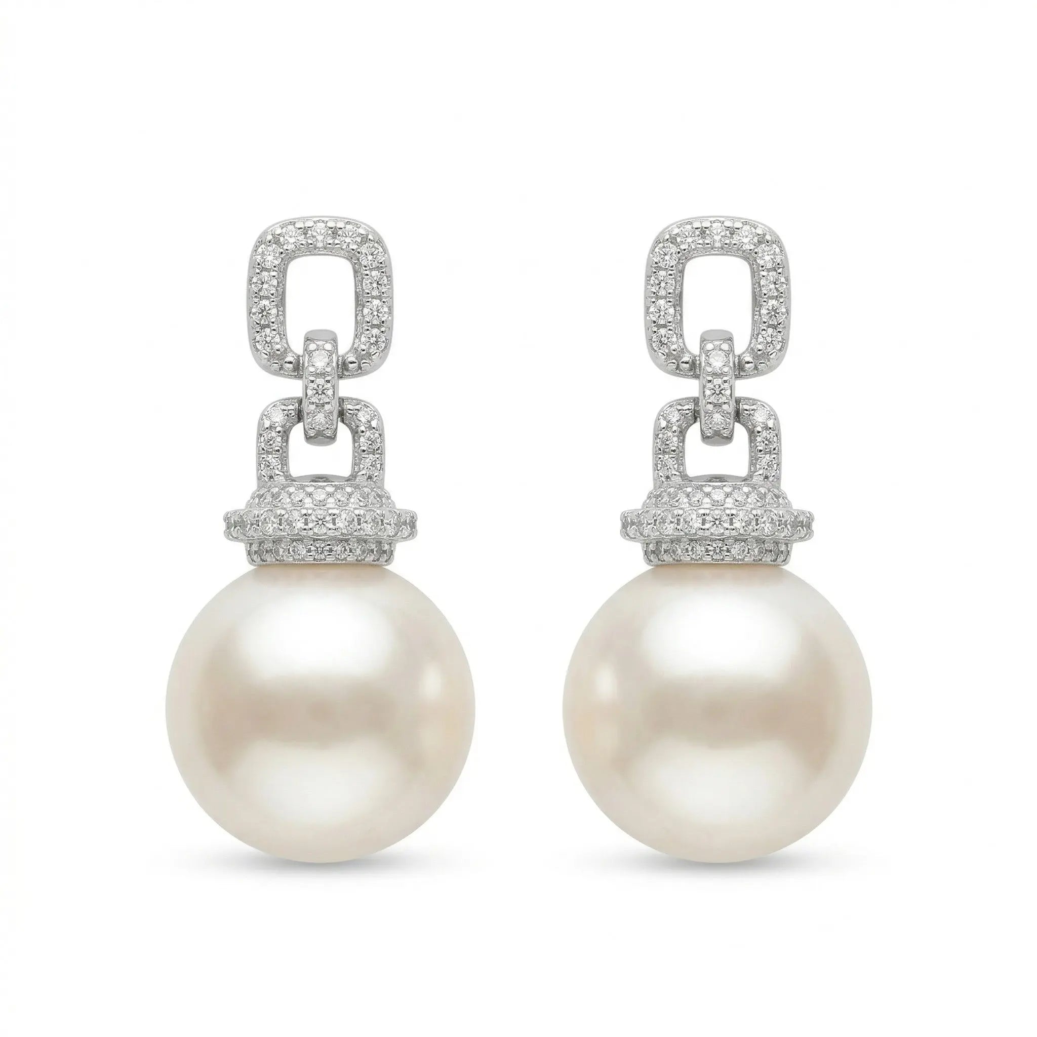 925 Sterling Silver Elegant White Pearl Drop Earrings with Pave Diamond Geometric Links NP Collection