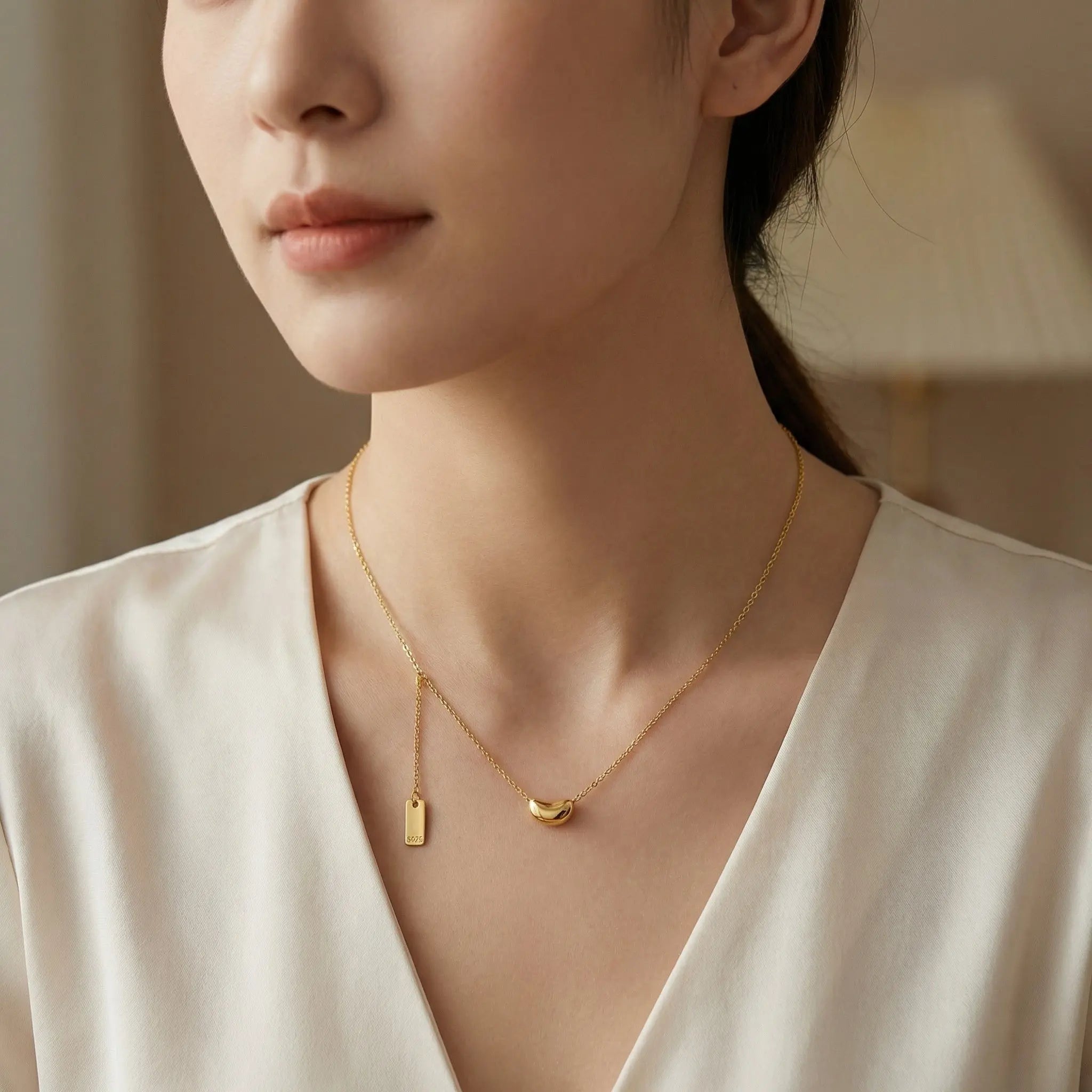925 Sterling Silver Minimalist Sterling Silver Bean Pendant Necklace with Dainty Chain and S925 Hallmark Tag NP Collection