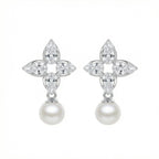 925 Sterling Silver Elegant Floral Marquise Cluster Pearl Drop Earrings