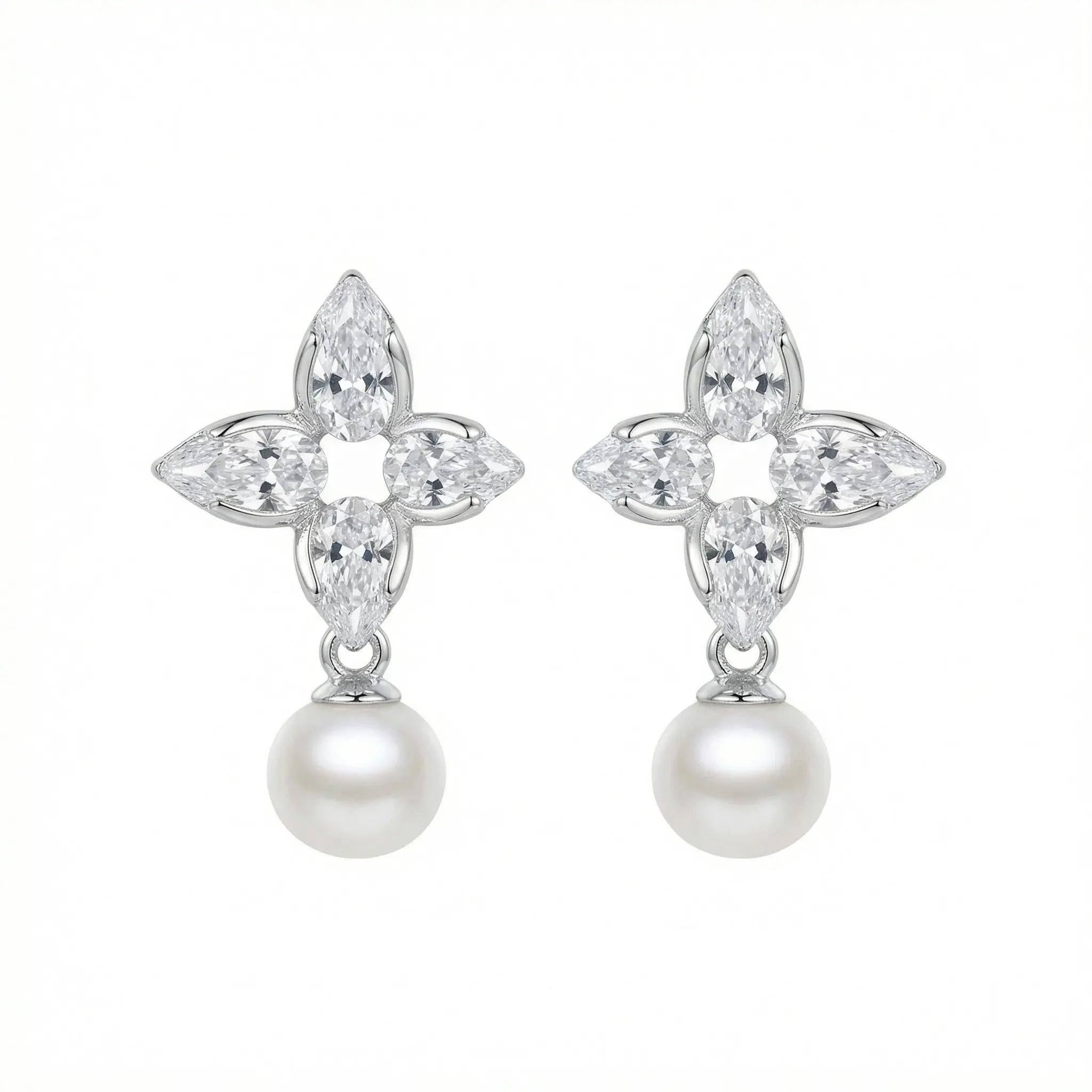 925 Sterling Silver Elegant Floral Marquise Cluster Pearl Drop Earrings