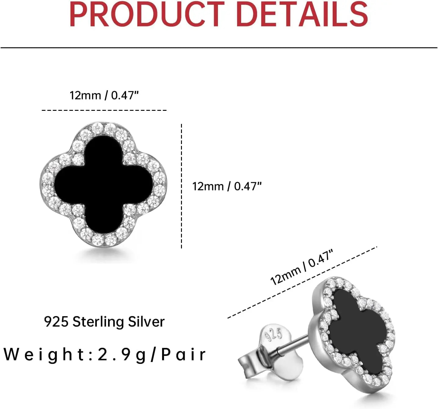 Black Clover Earrings 925 Sterling Silver Studs 