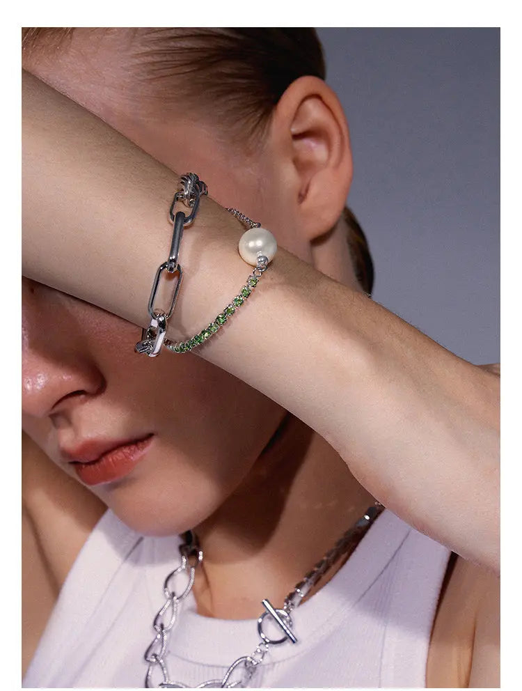 White Gold Plated Pearl Riding Whip Chain Stitching Bracelet – Elegant Fashion Jewelry NP Collection