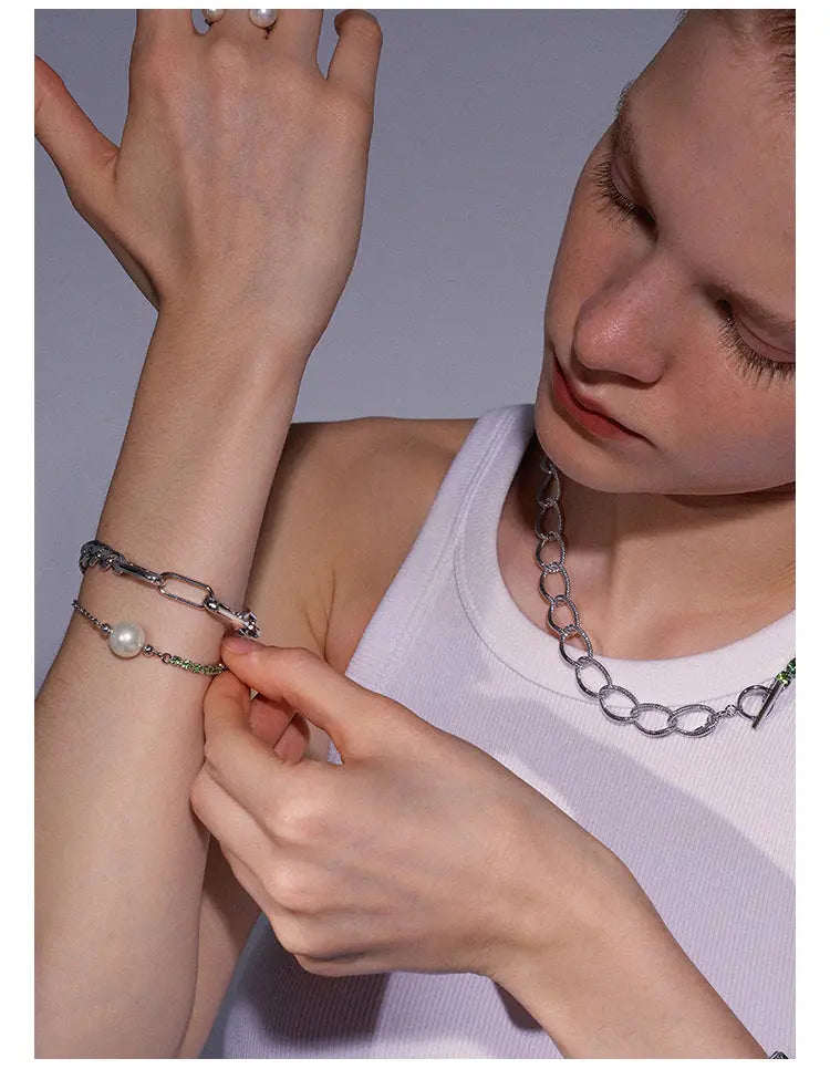 White Gold Plated Pearl Riding Whip Chain Stitching Bracelet – Elegant Fashion Jewelry NP Collection