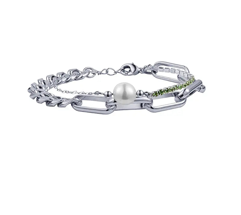 White Gold Plated Pearl Riding Whip Chain Stitching Bracelet – Elegant Fashion Jewelry NP Collection