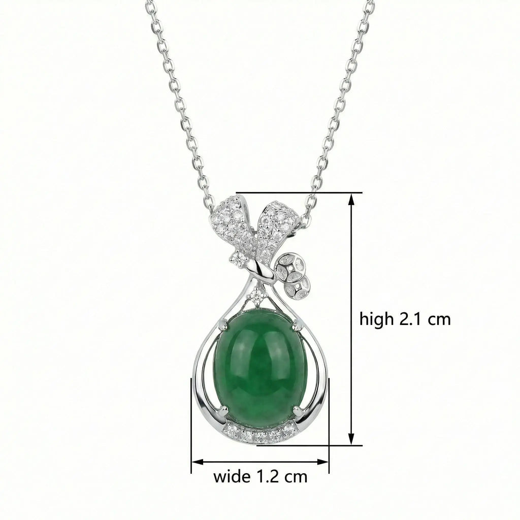 925 Sterling Silver Elegant Green Jade Cabochon Pendant Necklace with Sparkling Diamond Ribbon Accent NP Collection