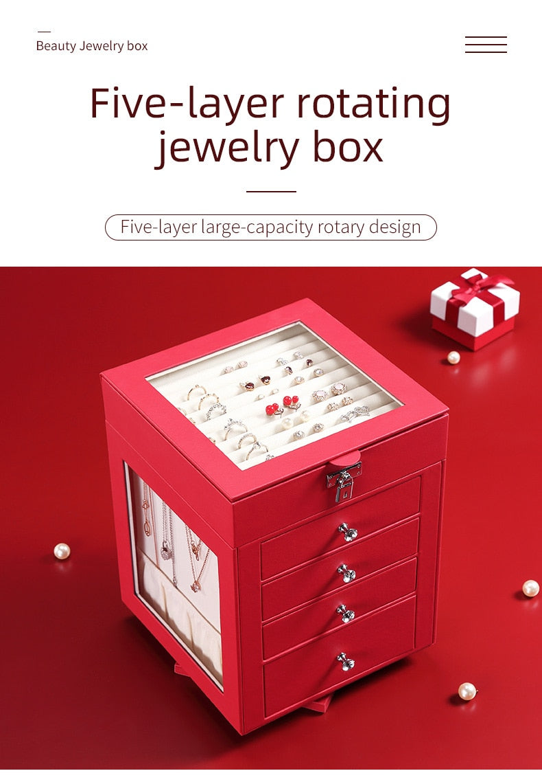 Five-layer rotating leather window jewelry box