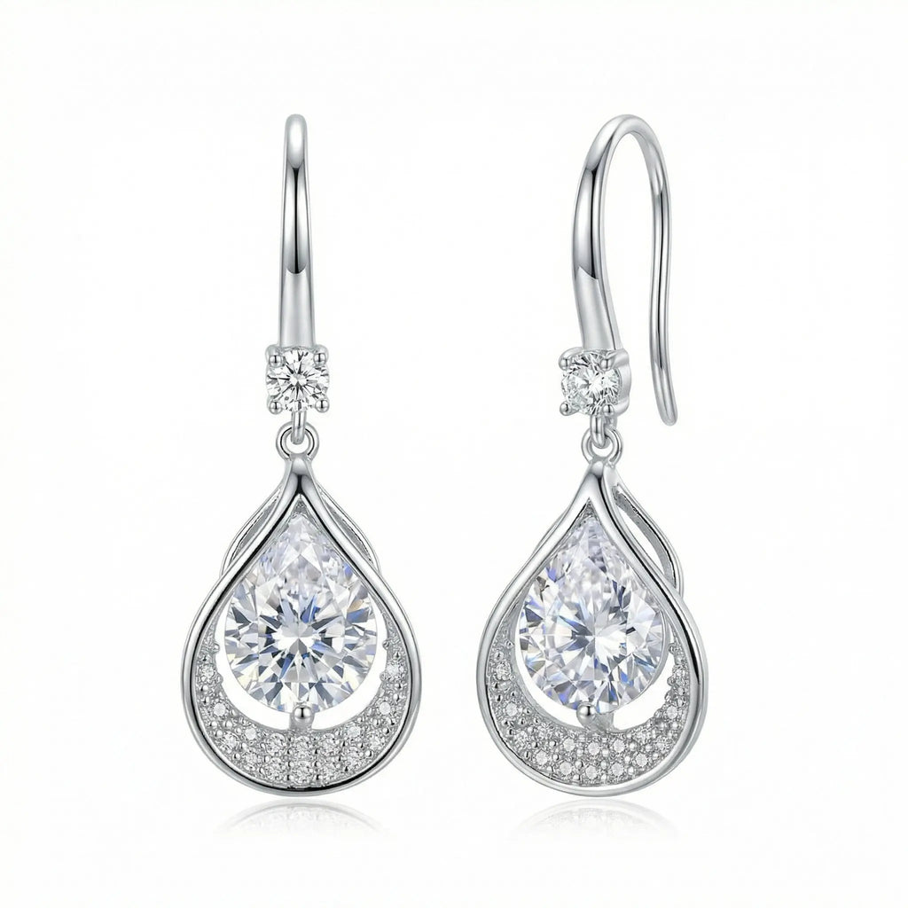 925 Sterling Silver Elegant Pear-Shaped Teardrop Halo Dangle Earrings in Sterling Silver Finish