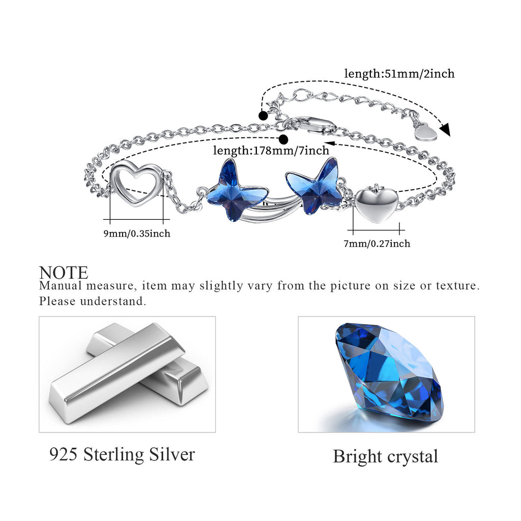 925 Sterling Silver Butterfly Blue Cubic Zirconia Pendant Bracelet